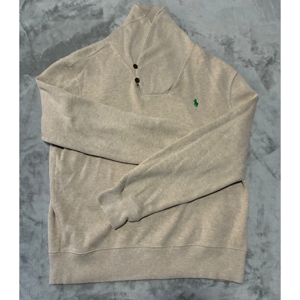 Polo Ralph Lauren Mens Tan Shawl Collar Button Pullover Sweatshirt M Green Pony